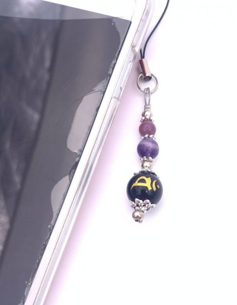 画像4: 天然石オニキス守護仏梵字金彫り12mm玉＆ルビー&フローライトのストラップ (4)