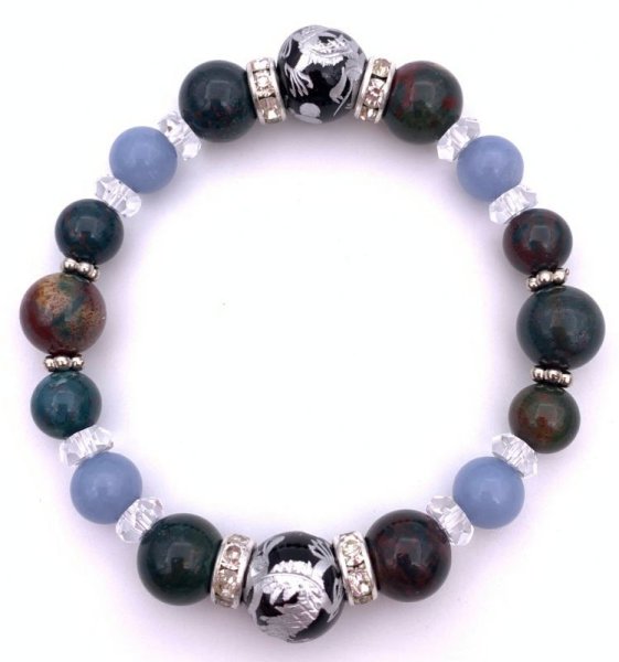 画像3: 天然石彫りオニキス銀彫り青龍12mm玉＆ブラッドストーン&エンジェライトのブレスレット (3)