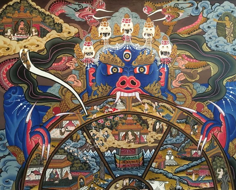 ◆六道輪廻図（Wheel of Life）/タンカ／仏画／曼荼羅／チベット-AA中心の円-貪瞋癡の三毒