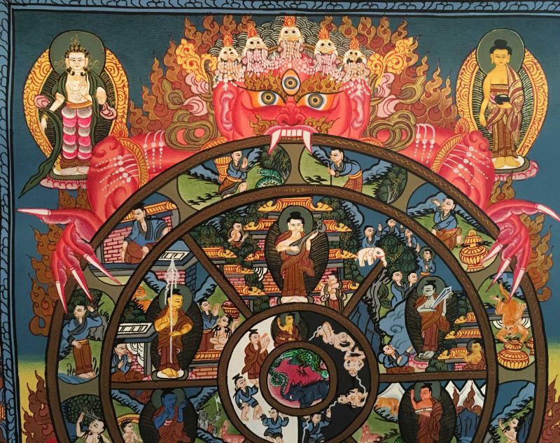 ◆六道輪廻図（Wheel of Life）/タンカ／仏画／曼荼羅／チベット-AA中心の円-貪瞋癡の三毒