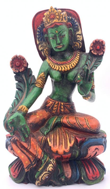 木製手彫りグリーンターラー（緑多羅菩薩）像◇チベット仏教-2A